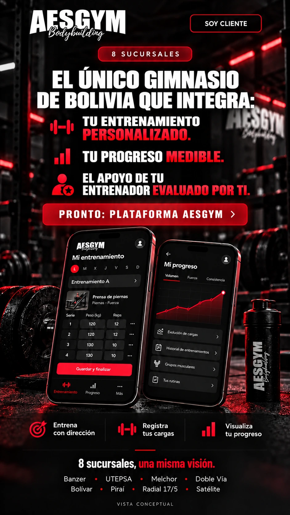 AESGYM Bodybuilding. 8 sucursales. El único gimnasio de Bolivia que integra tu entrenamiento personalizado, tu progreso medible y el apoyo de tu entrenador evaluado por ti. Pronto: Plataforma AESGYM. 8 sucursales, una misma visión. Banzer, UTEPSA, Melchor, Doble Vía, Bolívar, Piraí, Radial 17/5 y Satélite.